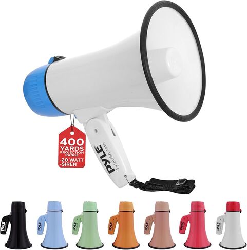 Pyle 20W Megaphone Bullhorn - Portable, Automatic Siren & Adjustable Volume,Projection Range Up to 400 Square Yards, Aux Input, Talk, Siren, Music, Whistle, & Record, Shoulder Strap (Pink) in Saudi Arabia