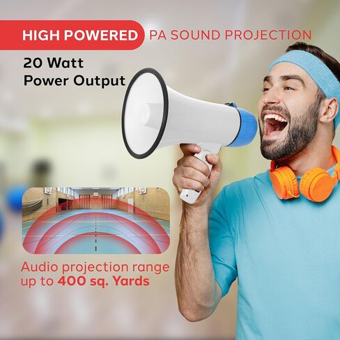 Pyle 20W Megaphone Bullhorn - Portable, Automatic Siren & Adjustable Volume,Projection Range Up to 400 Square Yards, Aux Input, Talk, Siren, Music, Whistle, & Record, Shoulder Strap (Pink) in Saudi Arabia