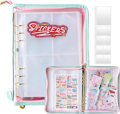 A5 Sticker Collection Organizer Binder kit large capacity (65 sheet), PU leather clear sticker storage book album with zipper closure,double-sided Collecting for journal scrapbook planner (Green) in Kuwait