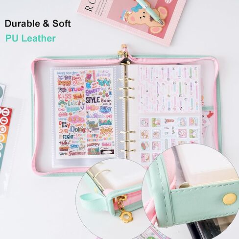A5 Sticker Collection Organizer Binder kit large capacity (65 sheet), PU leather clear sticker storage book album with zipper closure,double-sided Collecting for journal scrapbook planner (Green) in Kuwait
