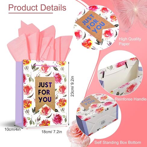 Colodeol 4 Pcs 9.2" Mother's Day Gift Bags with Tissue Paper，Medium Small Mothers Day Bag with Handles Floral Mothers Paper Treat Candy bags Bulk for Mom Grandma Wife Women in Kuwait
