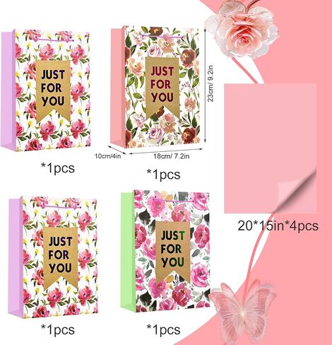 Colodeol 4 Pcs 9.2" Mother's Day Gift Bags with Tissue Paper，Medium Small Mothers Day Bag with Handles Floral Mothers Paper Treat Candy bags Bulk for Mom Grandma Wife Women in Kuwait