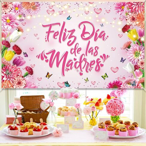 Feliz Dia de las Madres Decorations Feliz Dia De Las Madres Banner Happy Mothers Day Banner Backdrop, Mom Mother’s Day Party Supplies, 6 x 3.6 ft in Kuwait