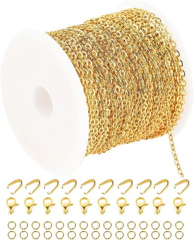UMAOKANG 33 Feet Gold Plated Chains for Jewelry Making Flat Cable Chain Link Spool DIY Craft Earring Bracelet Necklace Chain Bulk with Lobster Clasps Jump Rings Pinch Clip Clasp in Kuwait