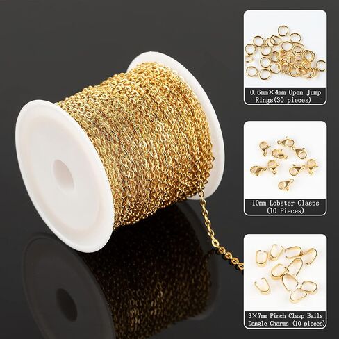 UMAOKANG 33 Feet Gold Plated Chains for Jewelry Making Flat Cable Chain Link Spool DIY Craft Earring Bracelet Necklace Chain Bulk with Lobster Clasps Jump Rings Pinch Clip Clasp in Kuwait