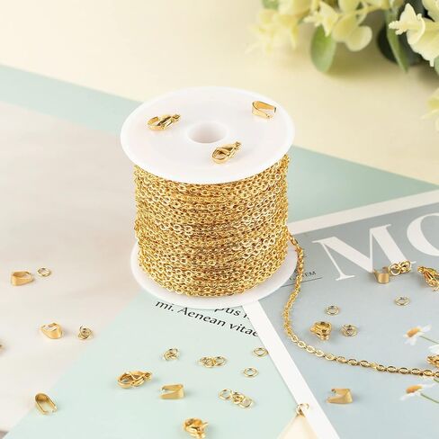 UMAOKANG 33 Feet Gold Plated Chains for Jewelry Making Flat Cable Chain Link Spool DIY Craft Earring Bracelet Necklace Chain Bulk with Lobster Clasps Jump Rings Pinch Clip Clasp in Kuwait