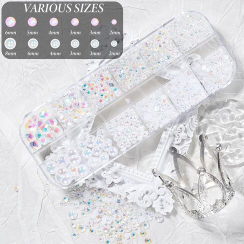 3 صناديق أحجار الراين واللؤلؤ لصياغة ، أحجام مختلطة من 2-8 مم راتنجات الهلام راتنجات الراتنجات والأحجار الكريمة اللؤلؤ من أجل بلورات اللؤلؤ البني البيضاء للأحجار الكريمة لمكياج العين أو الملابس ديي in Kuwait