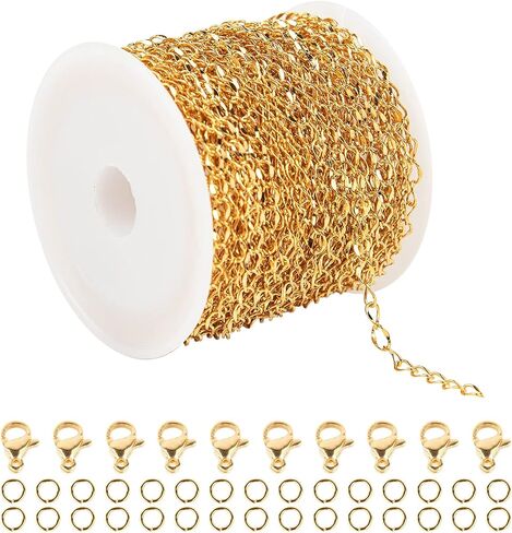 UMAOKANG 33 Feet Gold Plated Chains for Jewelry Making Flat Cable Chain Link Spool DIY Craft Earring Bracelet Necklace Chain Bulk with Lobster Clasps Jump Rings Pinch Clip Clasp in Kuwait