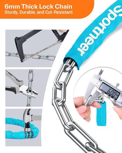 Sportneer Bike Lock: 5 Digit Combination High Security Anti Theft Bike Chain Lock - 3.2/3.6/4ft Heavy Duty Keyless Bicycle Lock for Bike, Motorcycle, Scooter, Door & Gate - 4/6mm Thick, Easy to Use in Saudi Arabia