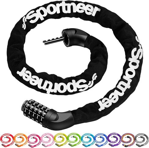 Sportneer Bike Lock: 5 Digit Combination High Security Anti Theft Bike Chain Lock - 3.2/3.6/4ft Heavy Duty Keyless Bicycle Lock for Bike, Motorcycle, Scooter, Door & Gate - 4/6mm Thick, Easy to Use in Kuwait