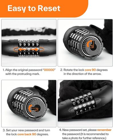 Sportneer Bike Lock: 5 Digit Combination High Security Anti Theft Bike Chain Lock - 3.2/3.6/4ft Heavy Duty Keyless Bicycle Lock for Bike, Motorcycle, Scooter, Door & Gate - 4/6mm Thick, Easy to Use in Kuwait