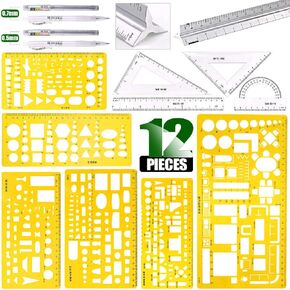 Keadic 12 Pieces Plastic Drawing Template Ruler Kit with Aluminum Architect Scale, Measuring Templates Building Geometric Drawing Rulers for Drafting Illustrations Architecture & School Work