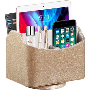 Fanousy 360° Rotating Remote Control Holder, PU Leather TV Remote Caddy Organizer Basket Storage Box with 5 Compartments for Pen, Pencil, Art Supplies, Makeup Brush, Office Desk Table Accessories