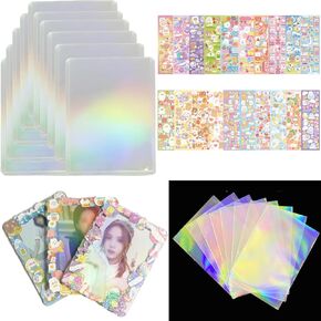 10pc Kpop Photocard Holder Toploader, 50 Holographic Card Sleeves for Trading Cards Protector Kpop Photocards,20 Ribbon Heart Pet Korean Deco Stickers for Photocard Binder Album Photo Card Top Loaders