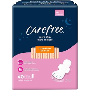 Carefree Ultra Thin Pads for Women, Overnight Pads With Wings, 40ct | Carefree Pads, Feminine Care, Period Pads & Postpartum Pads | 40ct (Pack of 1)
