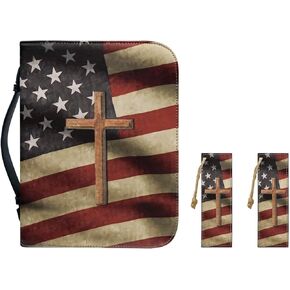 Casual Book Cover with Bookmark Unisex Church Books Carrier Zippered Pack Lightweight Cross Bible Cover Book Carrying Pack for Study Prayer, Vintage American Flag Cross Print, L