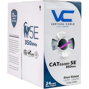 Vertical Cable Cat5e, 350 MHz, Shielded, 24AWG, Solid Bare Copper, 1000ft, Bulk Ethernet Cable, Black