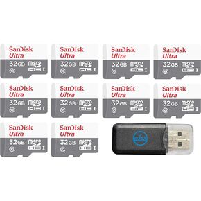 Sandisk 32GB 32G Micro SDHC Ultra (10 Pack) MicroSD TF Flash Memory Card High Speed Class 10 SDSQUNB-0032G-GN3MN with Everything But Stromboli Memory Card Reader