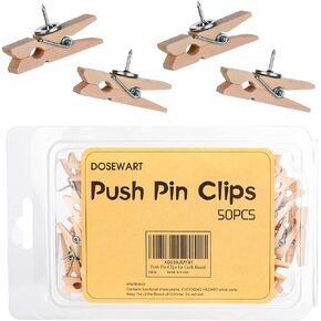 Push Pin Clips for Cork Board, 50 Pcs Wooden Paper Clips with Push pins for Bulletin Board Decoration, Artworks, Notes, Photos, Cubicle and Classroom Decor