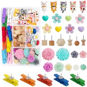 Push Pins Cute Cat Thumb Tacks Decorative Push Pins Wood Pin Board Tacks Assorted Colors Flower Push Pin Clips for Cork Board Wall Cubicle Accessories for Home Office Cute Desk Accessories(72 PCS)