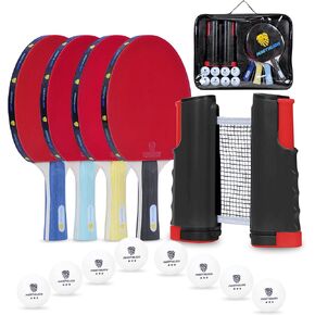 Ping Pong Paddle Set, Portable Table Tennis Paddles, with Retractable Net, 4 Table Tennis Rackets, 8 Balls, Indoor and Outdoor Play Accessories Kit, Compact Storage Case