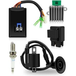 5PCS CDI Box Ignition Coil Kit Fit for Polaris Sportsman 90 Scrambler 90 50 Predator 90 50 2001-2007 with Voltage Regulator Rectifier Starter Relay Solenoid and Spark Plug