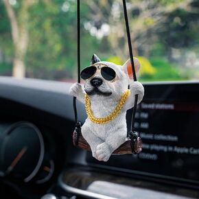 French Bulldog Car Mirror Hanging Accessories Cute Swinging Dog Rear View Mirror Accessories for Men & Women (Black)