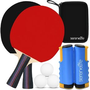 SereneLife Ping Pong Paddle Set, Indoor/Outdoor Table Tennis Paddles for 2, Includes Ping Pong Net with Clamps, 3 Balls