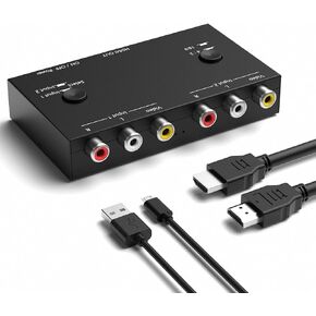 2 RCA to HDMI, 1080P 2 Way RCA Composite CVBS AV Switch to HDMI Video Audio Converter Adapter Supporting 4:3/16:9, for PC Laptop Xbox PS2 PS3 N64 NGC SNES WII VHS VCR Camera DVD