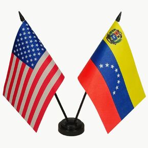 US American & Venezuela Friendship Table Flag Display, American & Venezuela Desk Flag, American & Venezuelan Twin Desk Flag Set-Miniature US & Venezuela Desktop Flag