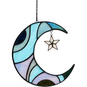 Stars and Moon Decor Gift Window Stained Glass,Stained Glass Suncatcher for Window Crescent Moon Decor,Moon Decorations for Home Indoor Window,Moon and Star Decor Gifts for Women (Moon
