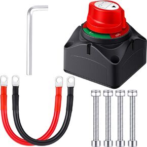 Battery Switch 12V-48V Waterproof Battery Power Cut Master Switch Disconnect Isolator with 2 AWG 12 Inch Battery Inverter Cables Set, 3/8 Inch Lugs for Car Vehicle RV Marine Boat ON and Off