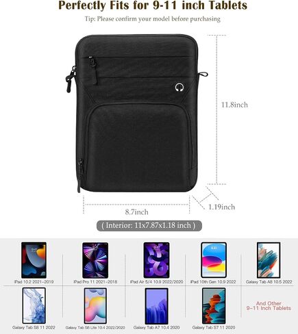 9-11" Tablet Sleeve Bag for iPad Air 5/4 10.9, iPad Air 11" 2024, iPad 9/8/7th 10.2, iPad 10th Gen 10.9, iPad Pro 11 M4 M2 2024-2018, Galaxy Tab A9+ S9 FE A8, with Shoulder Strap, Black in Saudi Arabia