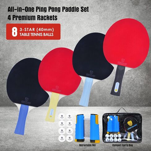 Ping Pong Paddle Set, Portable Table Tennis Paddles, with Retractable Net, 4 Table Tennis Rackets, 8 Balls, Indoor and Outdoor Play Accessories Kit, Compact Storage Case in Saudi Arabia