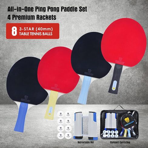 Ping Pong Paddle Set, Portable Table Tennis Paddles, with Retractable Net, 4 Table Tennis Rackets, 8 Balls, Indoor and Outdoor Play Accessories Kit, Compact Storage Case in Saudi Arabia
