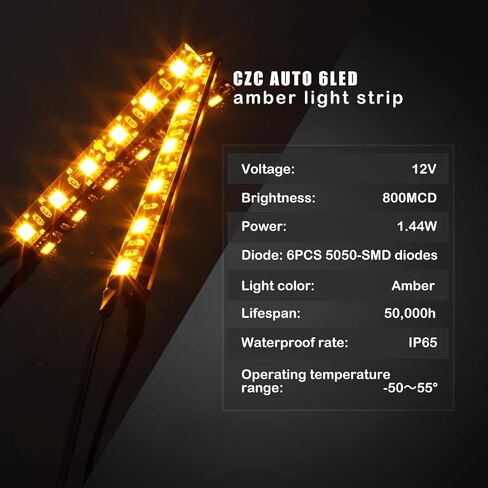 CZC AUTO 6 LED شريط ضوء كهرماني للوحة ترخيص احتياطية لإشارة الانعطاف للدراجات النارية، قطعتان 12 فولت 6-5050-SMD شريط إضاءة مرن أصفر مقاوم للماء عالمي للدراجات النارية ATV UTV سكوتر دراجة in Kuwait