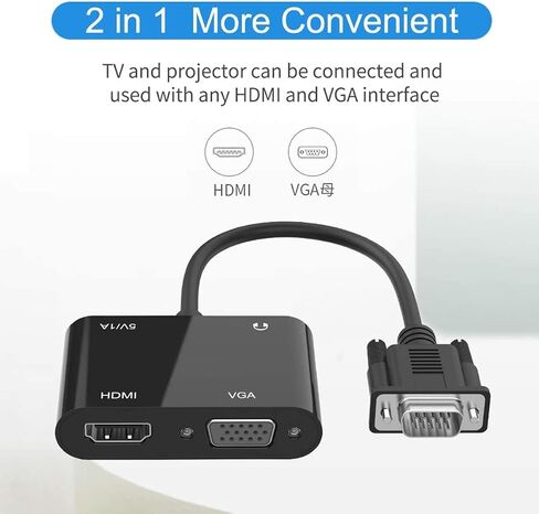 VGA إلى HDMI VGA Audio Video Cable Splitter مع طاقة USB صوتية 3.5 مم للكمبيوتر، سطح المكتب، الكمبيوتر المحمول، الكمبيوتر الشخصي، الشاشة، جهاز العرض، HDTV، يدعم العرض المزدوج in Kuwait
