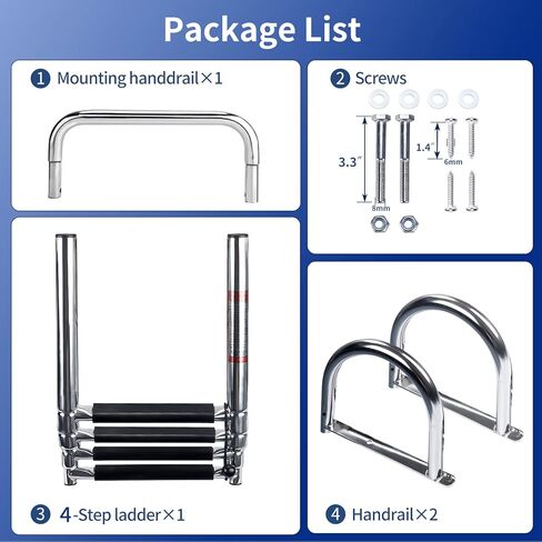 Marinebaby 4 خطوات سلم قارب عائم، الفولاذ المقاوم للصدأ للطي تلسكوبي الدخول الخلفي سلم داخلي الثقيلة مخصص السباحة سلم سطح السفينة مع دواسة اليد درابزين سلم in Kuwait
