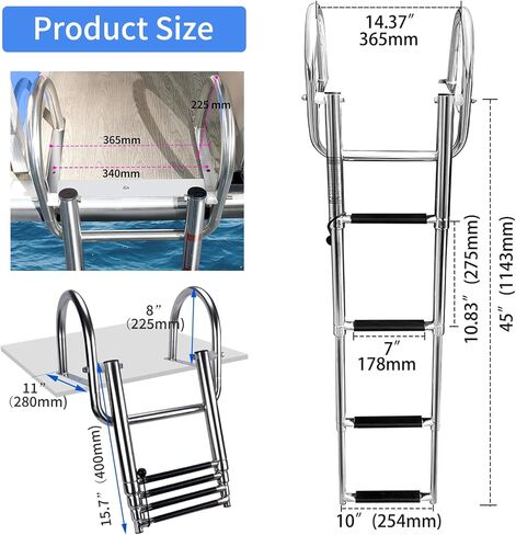 Marinebaby 4 خطوات سلم قارب عائم، الفولاذ المقاوم للصدأ للطي تلسكوبي الدخول الخلفي سلم داخلي الثقيلة مخصص السباحة سلم سطح السفينة مع دواسة اليد درابزين سلم in Kuwait