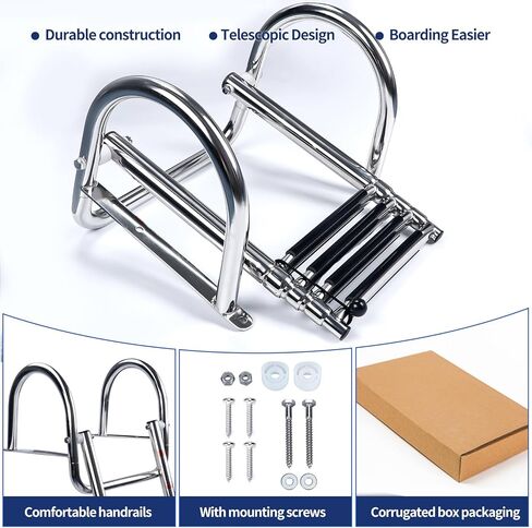 Marinebaby 4 خطوات سلم قارب عائم، الفولاذ المقاوم للصدأ للطي تلسكوبي الدخول الخلفي سلم داخلي الثقيلة مخصص السباحة سلم سطح السفينة مع دواسة اليد درابزين سلم in Kuwait
