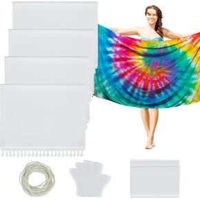 Zoooyawn 4 Pcs Turkish Beach Towels for Tie Dye Kit 71 x 43 Inch Oversized White Beach Towel Bulk Bath Pool Blanket with Disposable Gloves, Rubber Bands, Sealable Bags for Group DIY Project