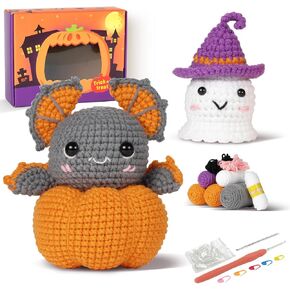 Rongsishun Fun Pumpkin Bat Crochet Kit مع دليل التعليمات والفيديو خطوة بخطوة ، مجموعة حياكة المبتدئين ، هدية الكروشيه المبتدئين ، هدية عيد الفصح