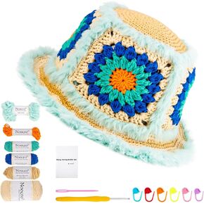 Noocro Crochet Kit for Beginners or Intermediate Level, Fuzzy Granny Square Bucket Hat, Step by Step Video Tutorial, Detailed Instruction Complete Kit Craft Supplies Holiday Gift