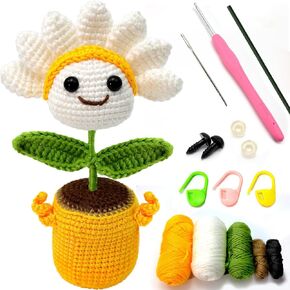 طقم الكروشيه Sizobi ​​للمبتدئين ، مجموعات بداية الكروشيه للبالغين Amigurumi Craft Knitting Crochet Plants ، إيجابية Daisy Crochet Kit Gift