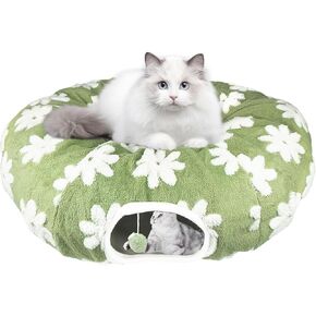 Cat Play Tunnel with Washable Cushion Bed, Round and S-Shape Malfunction Cat Tube Donut Tunnel Cave for Cats/Puppy/Kitten/Rabbit (Green)