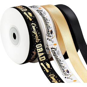 4 Rolls Graduation Ribbon - 5/8 بوصة شريط الساتان الذهبي العريض لفئة 2025 ديكورات غلاف الهدايا و DIY الحرف اليدوية