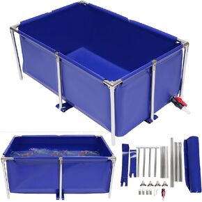 Canvas Above Ground Fish Pond with Steel Frame, Drain Valve, Blue Aquarium Pool, Koi Pond, Foldable Water Storage, Display Show Tank