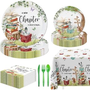 MEHOFOND 145 PCS Book Themed Disposable Paper Plates Set A New Chapter is About to Begin Baby Shower Tableware Decor Storybook Library Reading Book Club Party Decorations, Serves 24