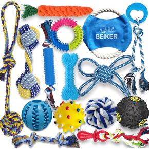 Beiker Dog Bearing Toys - 15 حزمة صغيرة متوسطة صغيرة متوسطة تولد ألعاب جرو ، حبل حبل الكلاب حزمة ألعاب الملل للملل ، Pet Interactive Treacy Distensing Ball for Perpies