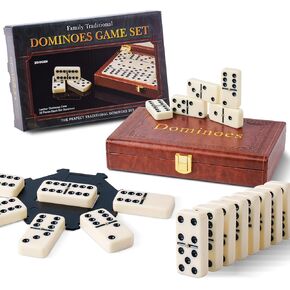 Double 6 Dominoes Set in Leatherette Case (28 Tiles with Spinner), Ivory